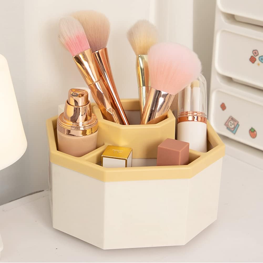 Desk Organizer, 360-Degree Rotating Multi-Functional Pen Holder, 5 Compartments Desktop Stationary Organizer, Home Office Art Supply Storage Box Caddy (White+Yellow)