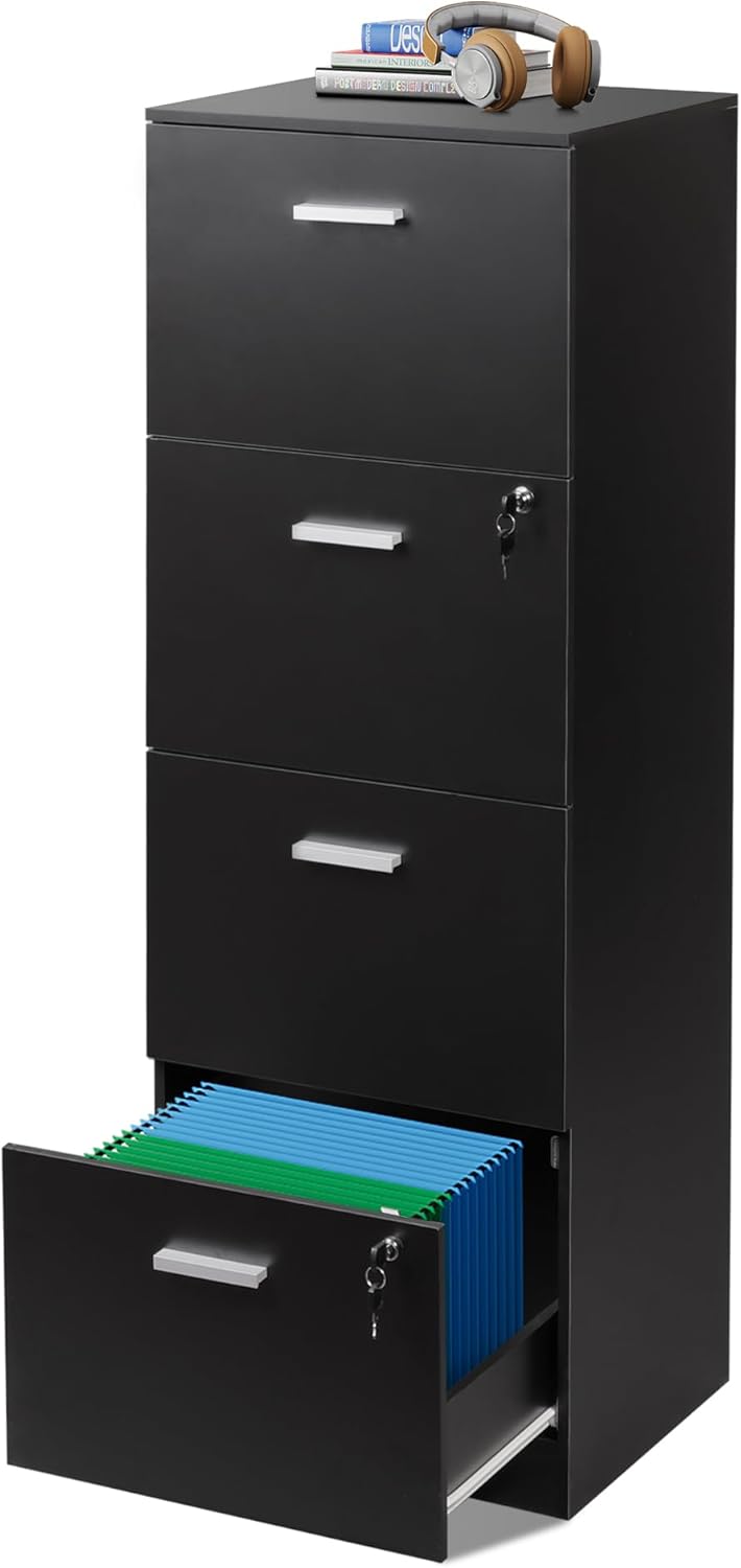 DEVAISE 4 Drawer File Cabinet with Lock, Vertical Filing Cabinet for A4/Letter Size Files, Wood Storage Organizer for Home Office, Black