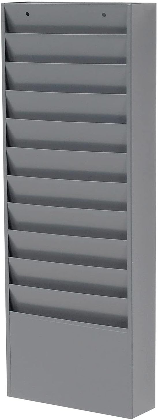 Global Industrial Steel Medical Chart Hanging Wall File Holder, 11 Pockets, Gray, Wall Mounted Magazine and File Folder Holder, 12-1/4"W x 8-3/8"H Pockets