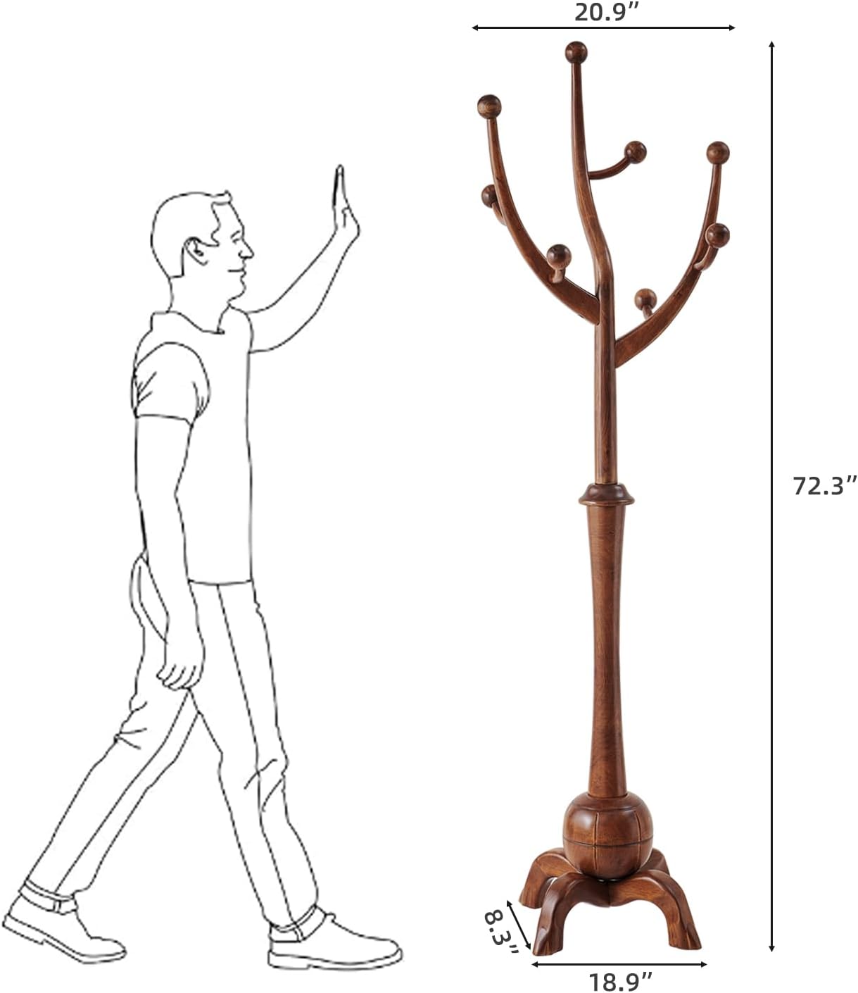 Entryway Wood Coat Rack Stand with Tree Branch Hooks, Freestanding Wooden Hat Coat Tree