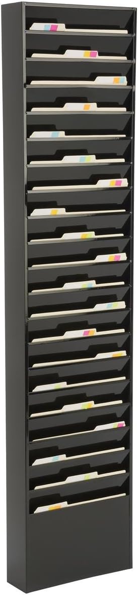 File Folder Wall Rack, 20 Pockets, Tiered, Office and Medical Charts (Black, Powder Coated Steel)