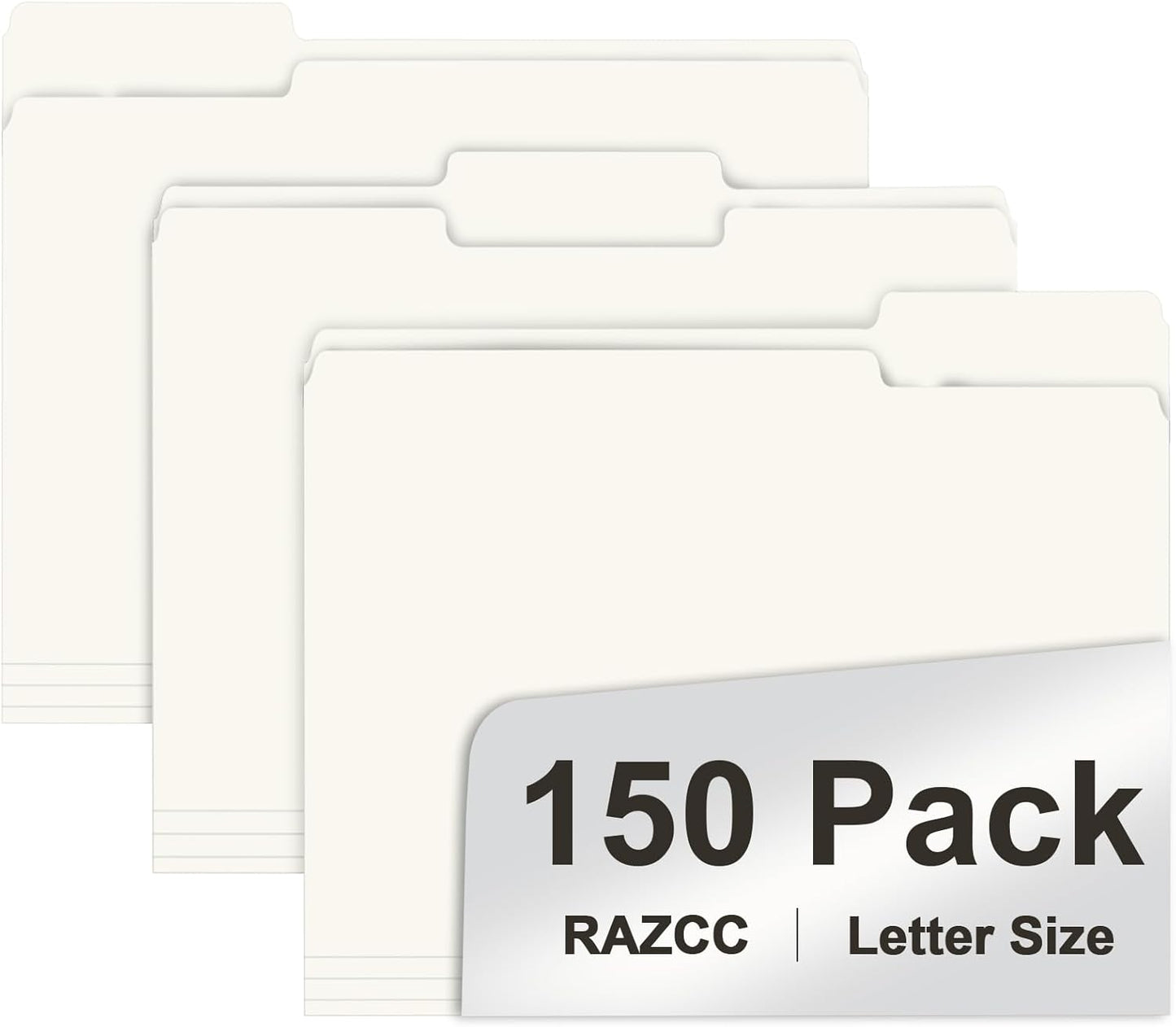 File Folder, RAZCC 150 Pack 1/3 Cut Tab File Folders Letter Size, Folders for Dcouments, Folders with Tab Great for Organizing and Easy File Storage, White