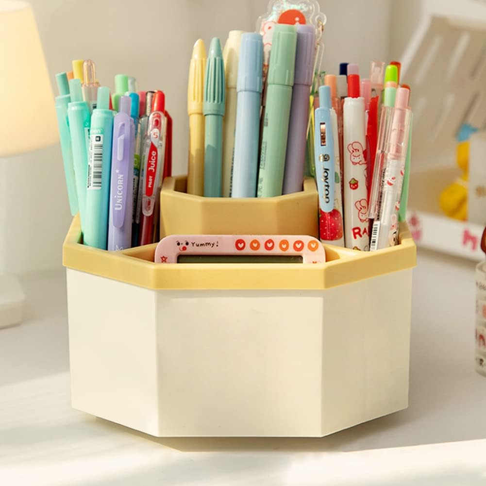 Desk Organizer, 360-Degree Rotating Multi-Functional Pen Holder, 5 Compartments Desktop Stationary Organizer, Home Office Art Supply Storage Box Caddy (White+Yellow)