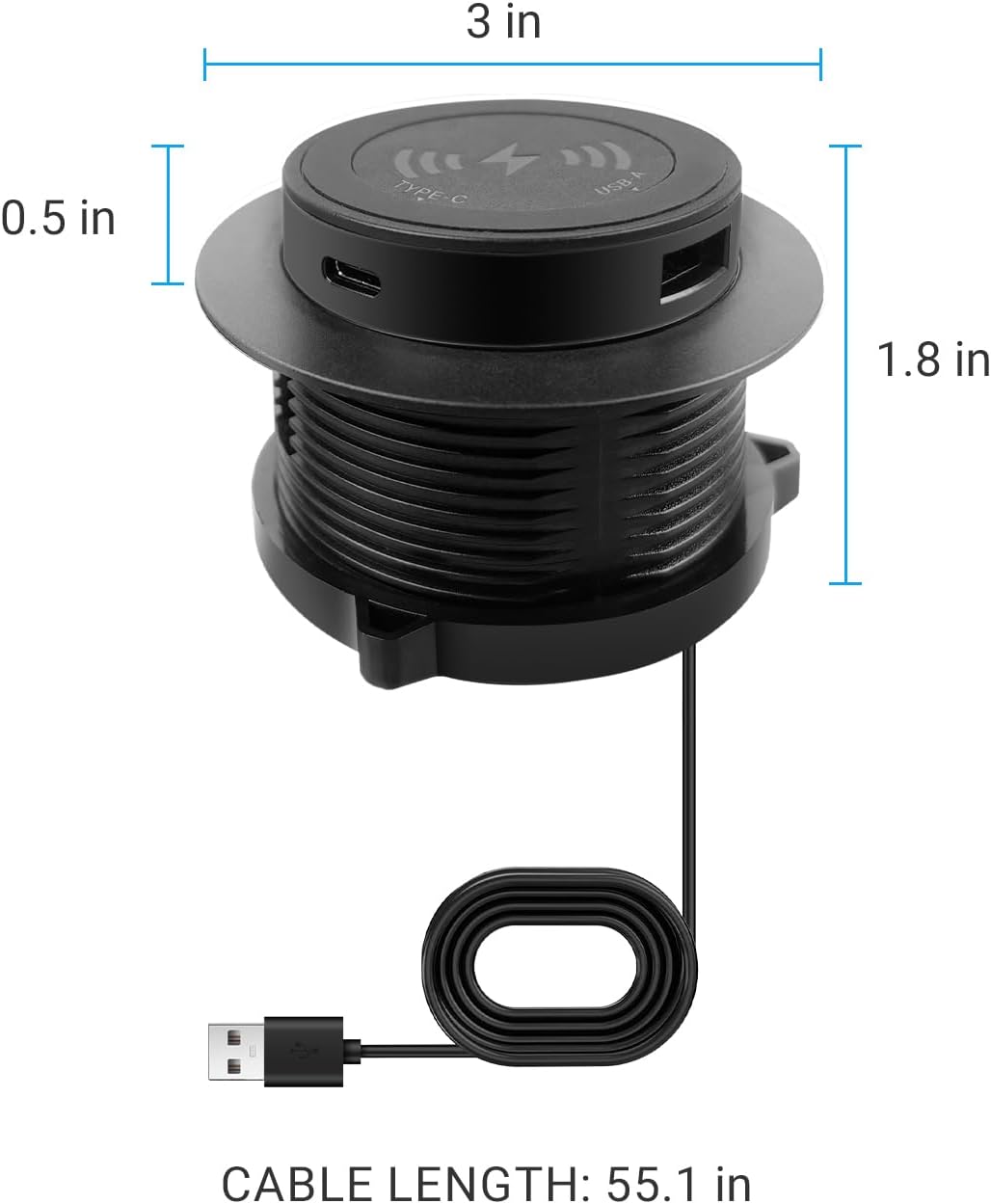 Desktop Charger, Pop up 15W Fast Retractable Desktop Charger, Invisible Charging Station with USB A and Type C Ports, Recessed Desktop Charging for Desk, Furniture - White (Black)