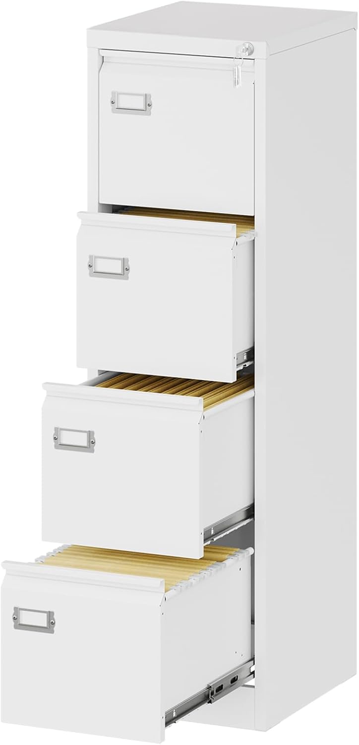 File Cabinets - 4 Drawers Vertical 17.8" Deep Lockable Filing Cabinet - White Metal Storage Cabinets for Home Office to Hanging Files Letter/Legal/F4/A4 Size