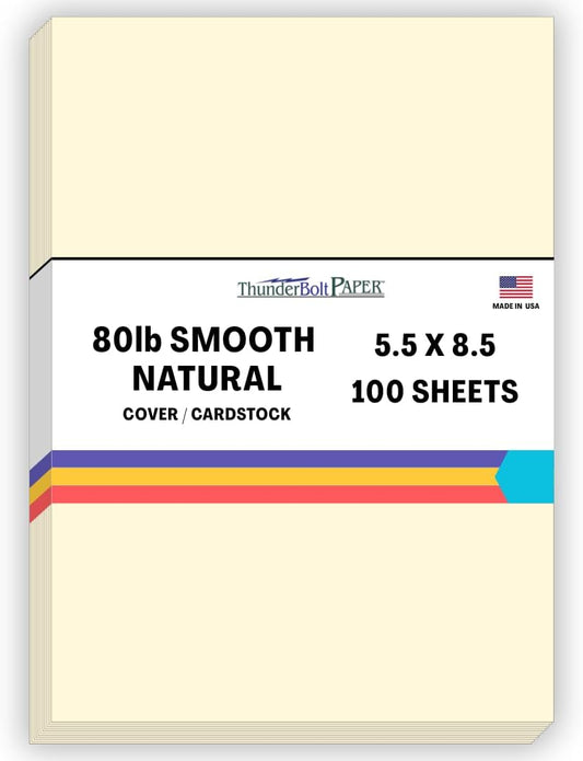 100 Natural Smooth Card Stock Sheets Paper - 5.5 X 8.5 Inches Half Letter | Statement Size - 80# (80 lb/Pound) Cover Weight - Quality Paper - Smooth Finish