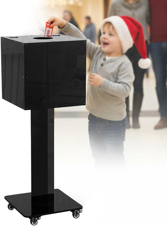 Extra Large Acrylic Raffle Box with Mobile Base & Locking Casters, 39.6" Tall, 13.8" Cube, Thickened Ticket Box with Lock for Lottery Games, Bingo, Raffle Balls