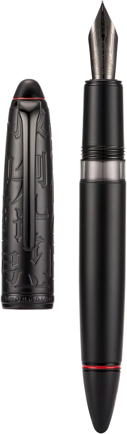 Hongdian N6 Black Metal Resin Piston Fountain Pen, Extra Fine Nib Classic Pen, Includes Metal Box Writing Pen