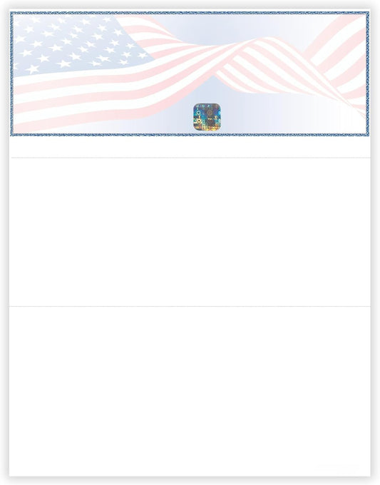 EZ Checks Premium Blank Hologram High Security Laser Check Stock | 500 Sheets (US Flag, Check at Top)