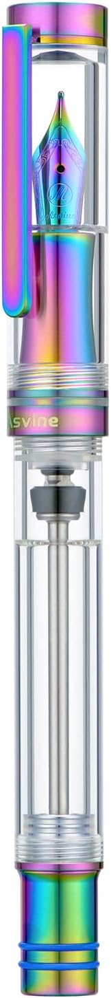 Asvine V200 Titanium Fountain Pen Vacuum Filling, Rainbow Medium Nib Clear Demonstrator Acrylic with Pen Case and Wrench