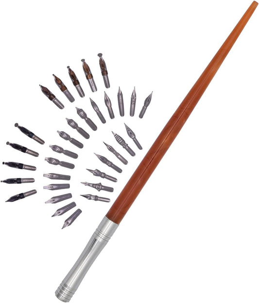 Gullor Resin Dip Pen Handcrafted Calligraphy Set with 33 Nibs for Art, Signatures, Drawing, Caligraphy Kits for Beginners (Brown)