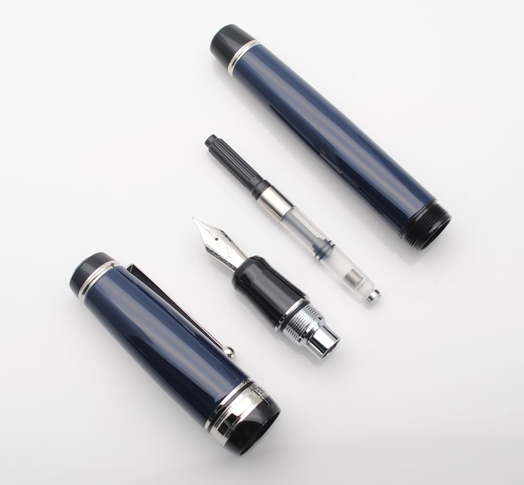 Metal Big Fountain Pen Set Medium Nib 0.7mm, Includes Ink Refill Converter, 5 Ink Cartridges & Gift Box (Medium Nib 0.7mm, Dark Blue with Silvery Clip)