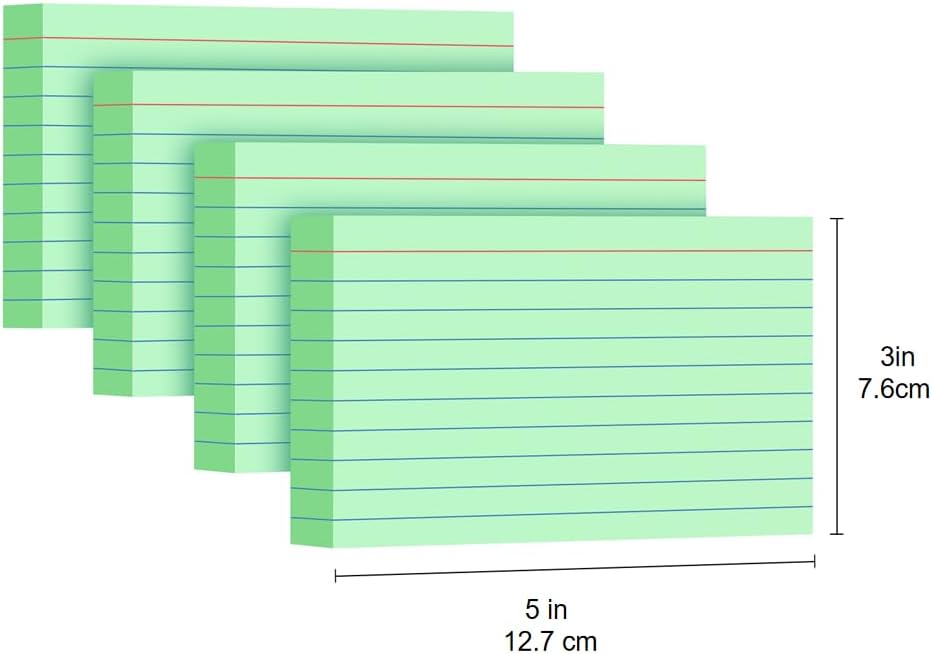 Green Index Cards 3x5, 200 Pack, Ruled Index Cards, Flash Cards for Studying, Heavy Note Cards for Office, Home and School, 4 Packs of 50