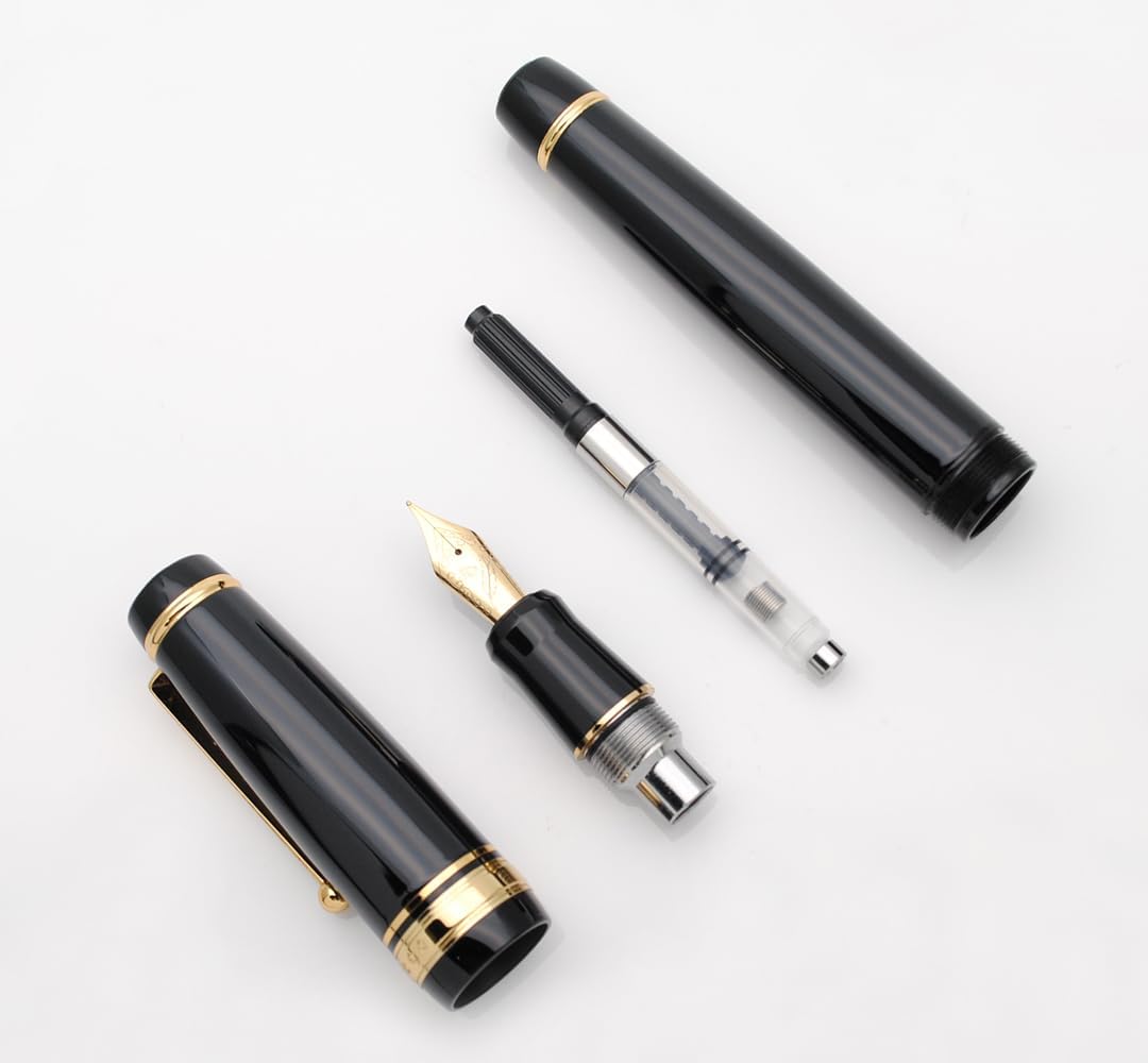 Metal Big Fountain Pen, Medium Nib 0.7mm, Includes Ink Converter & 5 Cartridges, Glossy Piano Painted Finish (Black)