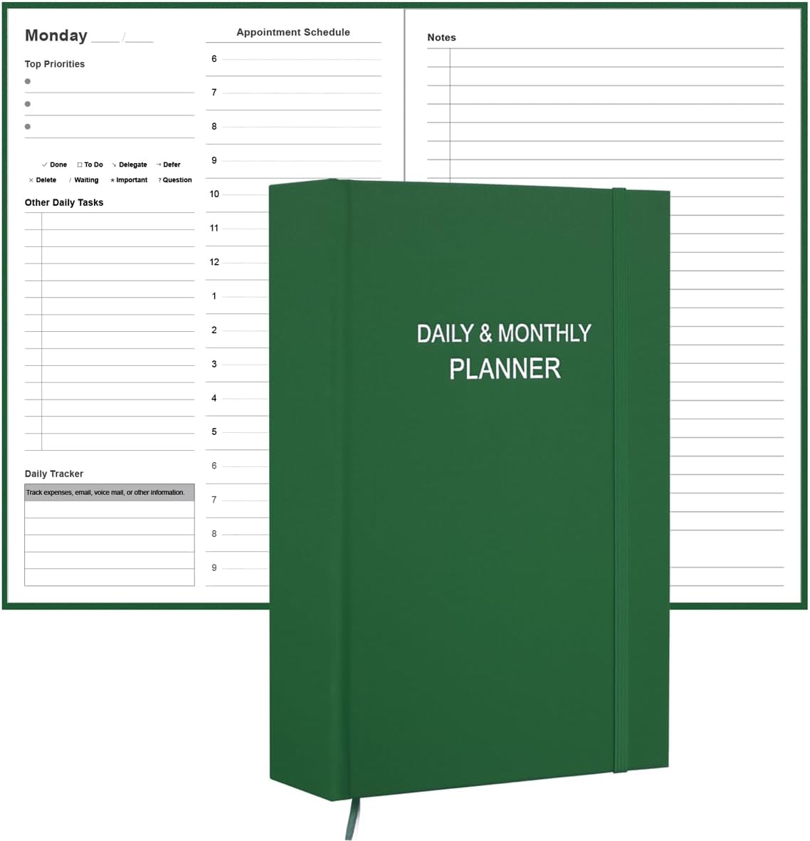 Daily & Monthly Planner for 2025 2026 or Anytime - ADHD Planner Two Pages Per Day, Daily Planner Undated to Increase Focus, Eliminate Overwhelm, Achieve Your Biggest Goals, 5.8'' × 8.3'', Green