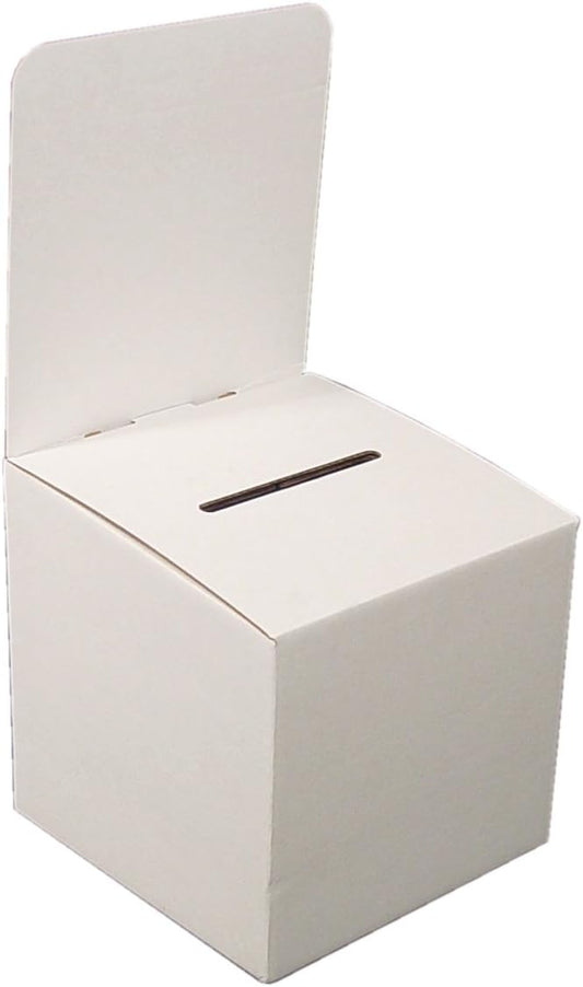 Displays2go Set of 10, Large Suggestion Box with Removable Header, Cardboard Ballot Box for Tabletop Use, White