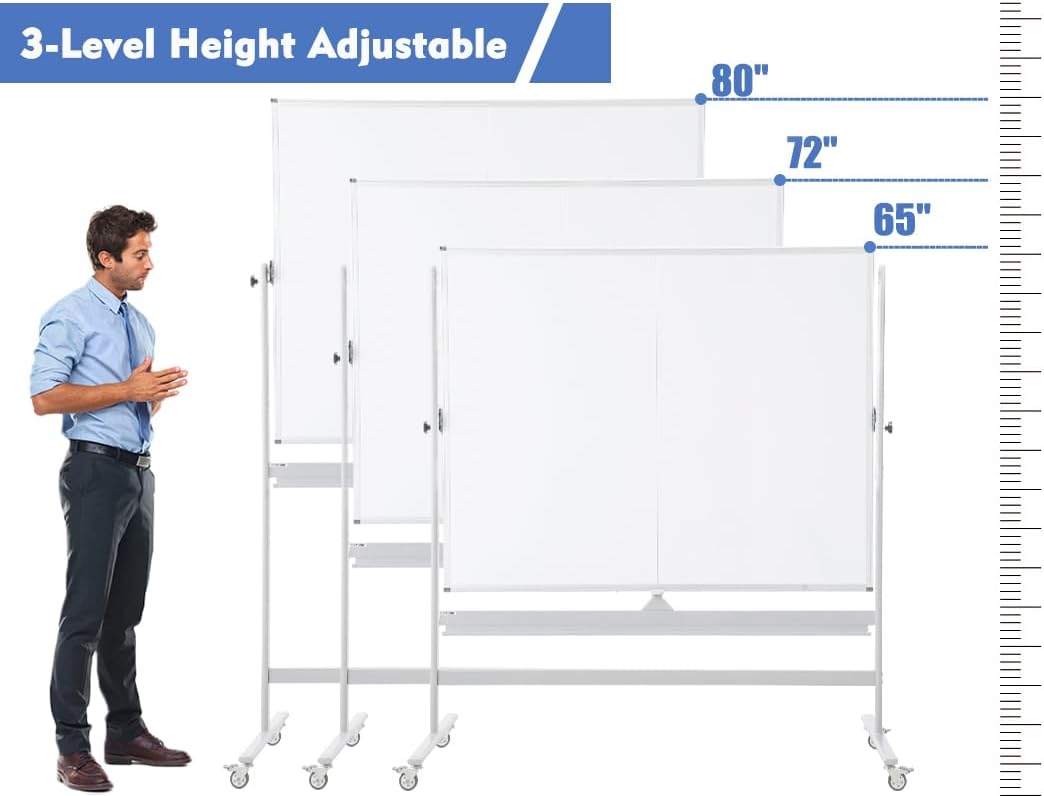 FORTUNO Large Magnetic Mobile Whiteboard 60"x48", Rolling Double Sided Stand Whiteboard on Wheels, Reversible Adjustable Height/Angle Dry Erase Board 5' x 4' Easel White Board for Office Classroom