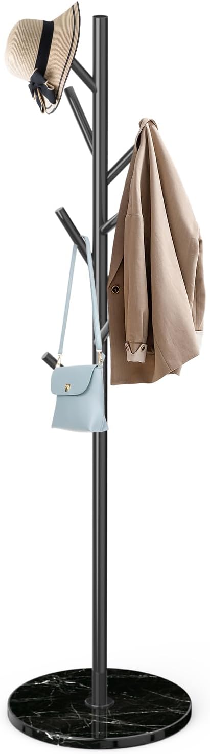 EZIVIEZ Modern Coat Rack Stand, Metal Freestanding Coat Rack with Natural Marble Base, Black Coat Racks with 8 Hooks and Coat Hanger Tree Jacket Stand for Office, Entryway, Hallway