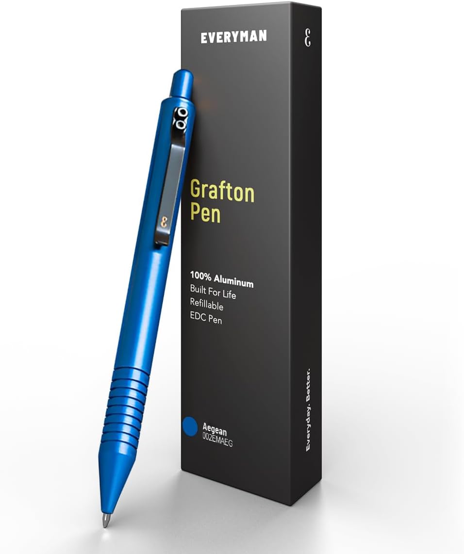 Everyman Grafton Full Click Refillable 0.7mm Ball Point Pen, Aegean | Sleek Anodized Aluminum EDC Pen with Deep Grooved Grip | Smooth Writing Pocket Pen for Office, Travel, Gifting & Daily Use
