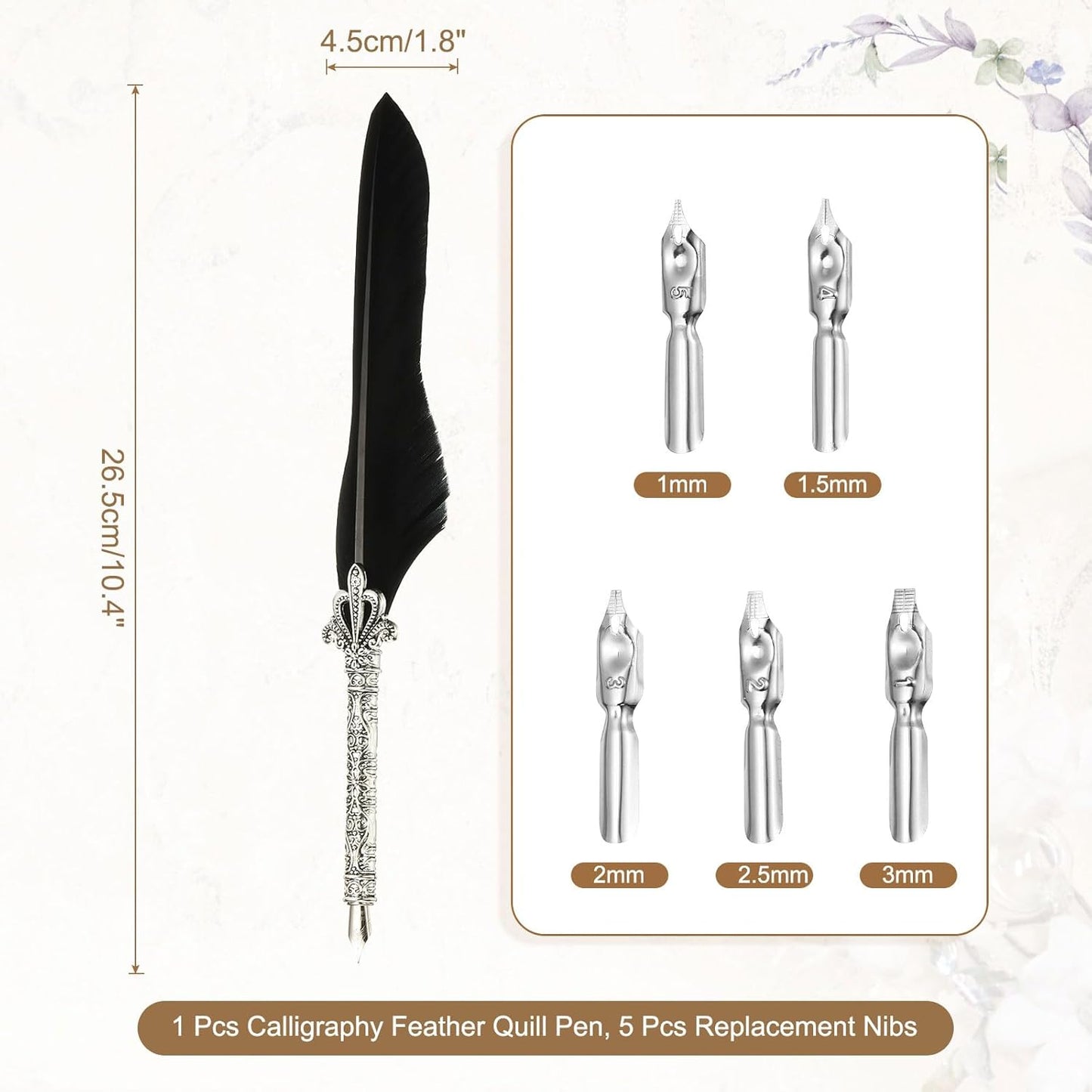 PATIKIL 26.5cm/10.4" Calligraphy Feather Quill Pen, Vintage Feather Dip Pen with 5 Replacement Nibs for Calligraphy Writing Wedding Office Gifts, Pure Black