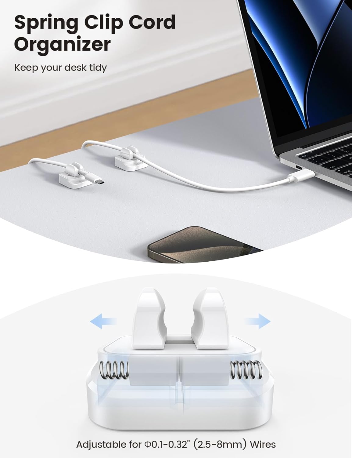 10Pack Cable Spring Holder Clips, Cord Organizer for Desk - Lamicall Adjustable Cord Clip, Wire Holder Organizer, Phone USB Charger Cable Holder, White