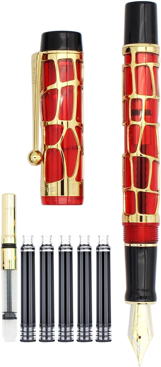 Gullor Century 100 Fountain Pen, Skeleton Hollow-out Series Golden, Screw-Cap, Fine Nib, Transparent Red
