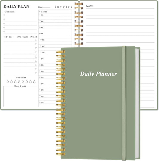 Daily Planner Undated - A5 To Do List Notebook Hourly Schedules, Spiral Appointment Planner for Women and Men, PVC Hardcover, Inner Pocket, Elastic Closure, 5.8" x 8.3", Green