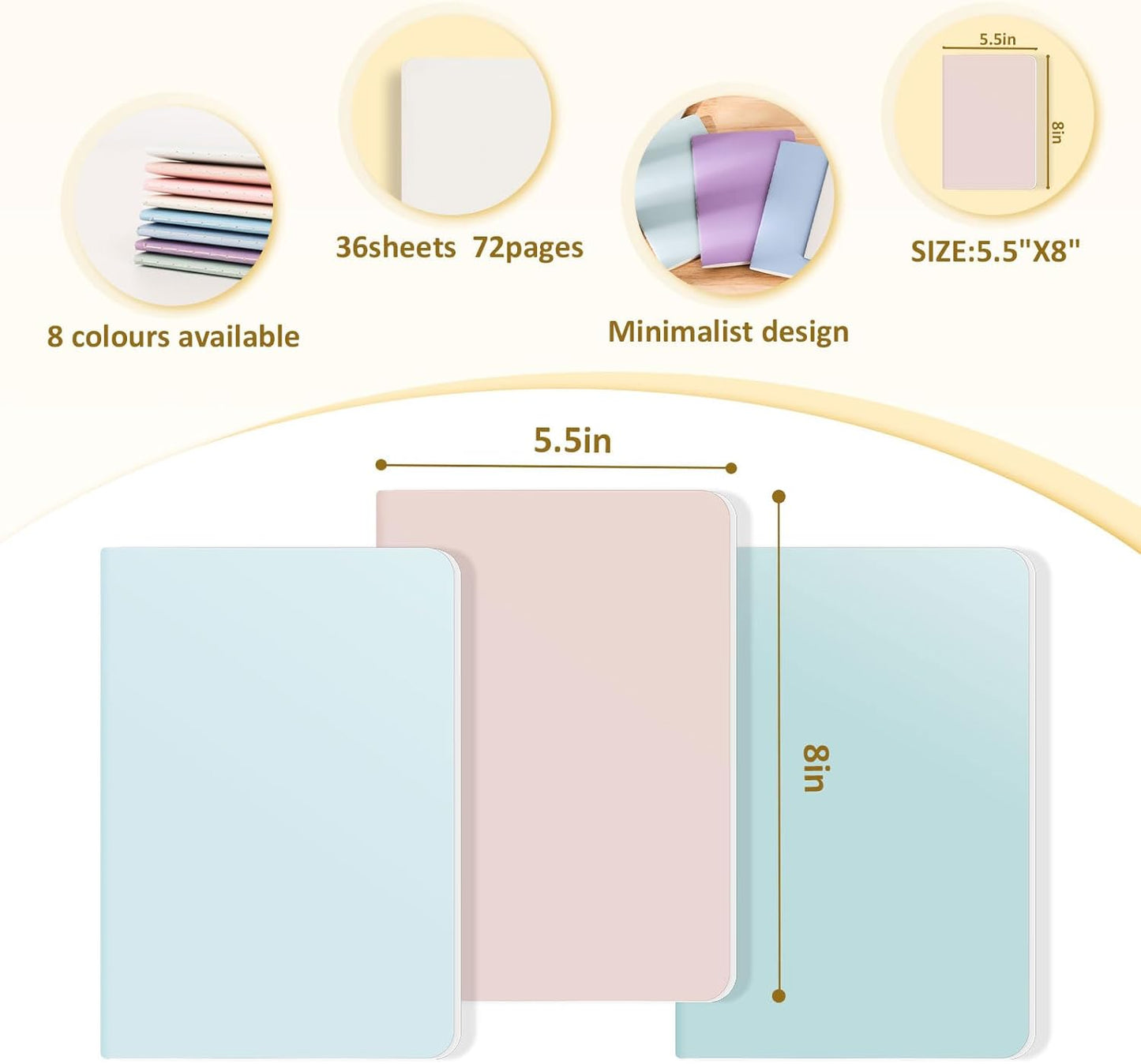 Ddaowanx Notebooks, Journals in Bulk, Blank Paper Sketchbooks, 72 Pages, 36 Sheets, 80GSM, 8.3x5.5 Inch, A5 Size, Travel Writing Notebooks Journal for Office School Supplies (Blank-48pack, 8 Colors)