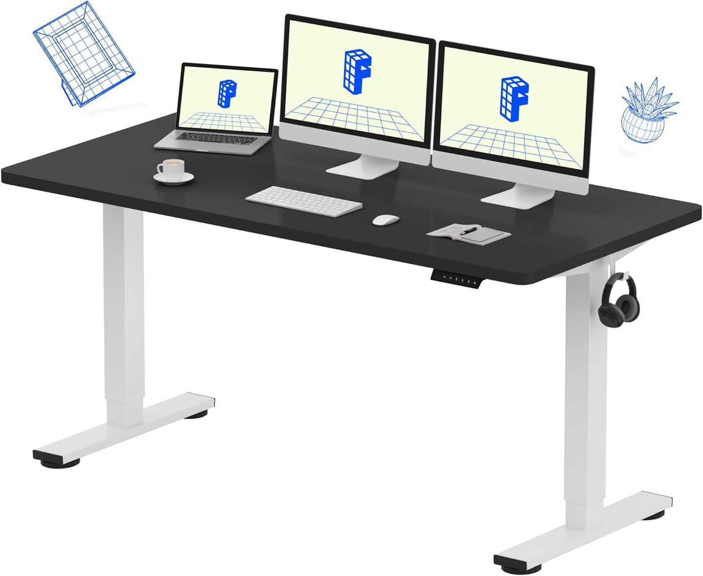 FLEXISPOT EN1 One-Piece Standing Desk, 60 x 24 Inches Large Height Adjustable Desk, Electric Sit Stand Desk Home Office Table Computer Workstation (White Frame + Black Desktop, 2 Packages)