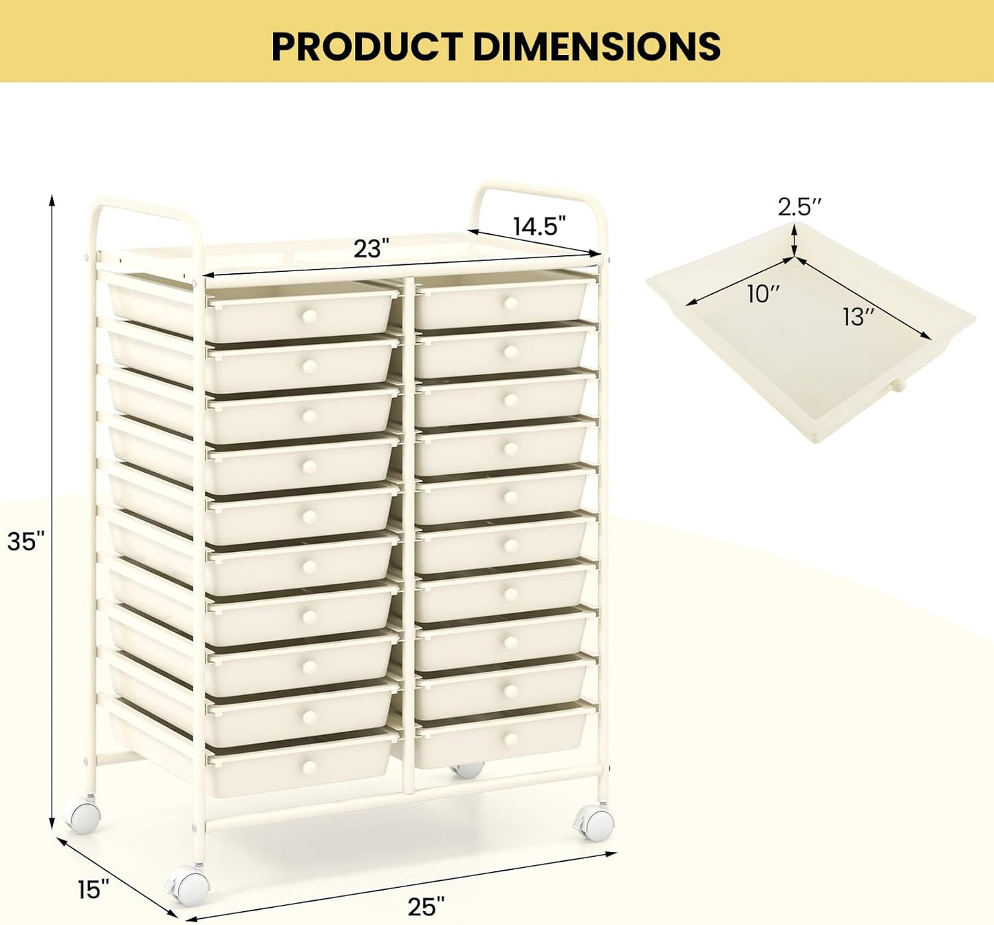 Giantex 20 Drawers Rolling Cart, Mobile Storage Drawer Cart, Classroom Organizer for Office School Supplies Tools Scrapbook Paper Craft Small Printer, Utility Stand on Wheels, Ivory White