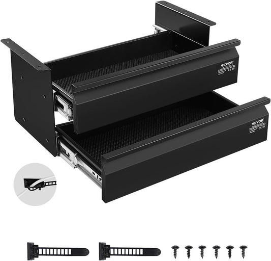 VEVOR Under Desk 2 Layer Slide Out Drawer, 16 inch Under Desk Pull-out Drawer for Home Office Sit Stand Workstation, Black