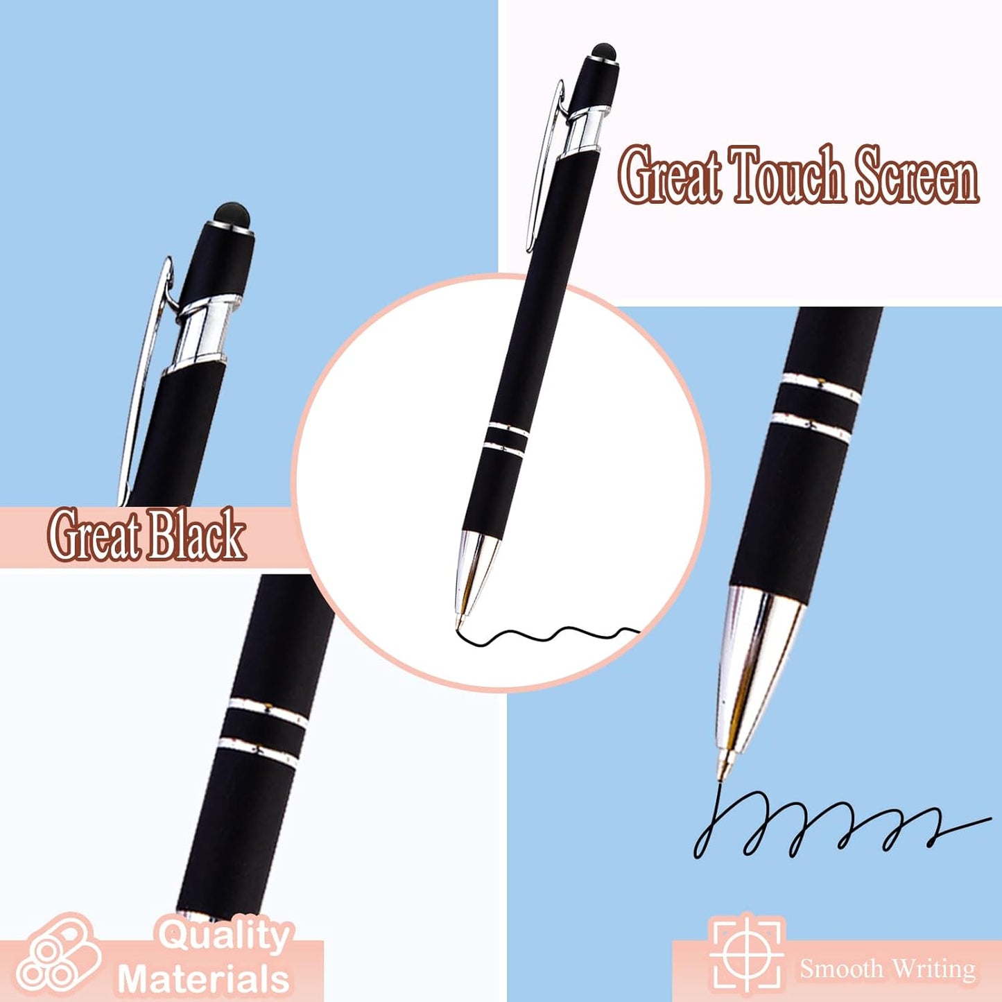 PASISIBICK 12 Pieces Black Ballpoint Pen with Stylus Tip, 2 in 1 Stylus Pen, Premium Metal Stylus Pen for Touch Screens, Black Ink, 1.0 mm Medium Point(12 Black)