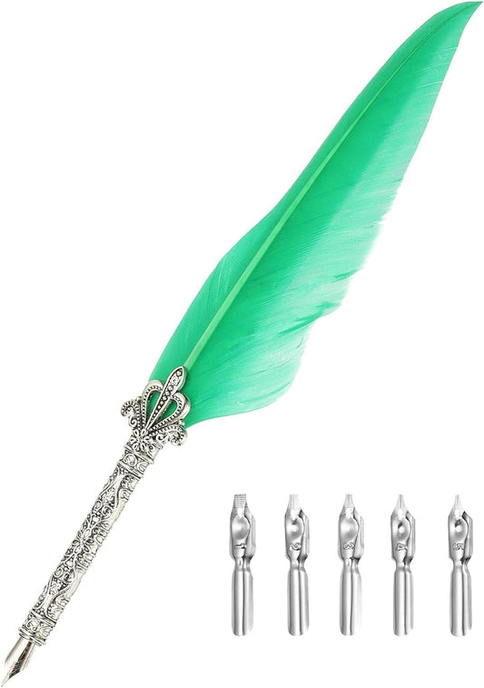 PATIKIL 26.5cm/10.4" Calligraphy Feather Quill Pen, Vintage Feather Dip Pen with 5 Replacement Nibs for Calligraphy Writing Wedding Office Gifts Green