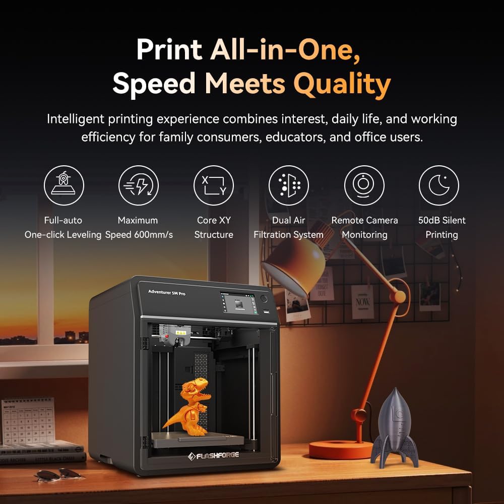 FLASHFORGE Adventurer 5M Pro 3D Printer, One-Click Auto-Printing Max 600mm/s High-Speed with 0.4/0.6mm Nozzle Bundle, CoreXY Structure & Silent Printing, Remote APP Control & Camera Surveillance