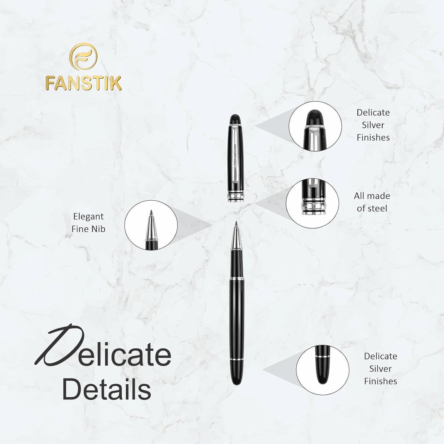Customized RollerBall pen with name (MADE IN USA), stainless steel, black and silver, luxury engraved pen personalized for men and for women. (RollerBall Black-Silver)