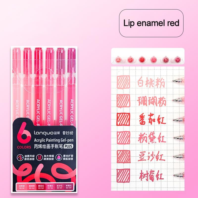 Acrylic Gel Pens for Coloring Books, Quick Dry 6 Pcs 1.0mm Fine Point Gel Marker Pen for Drawing, Journaling Art, School Supplies, Lip Gloss Red