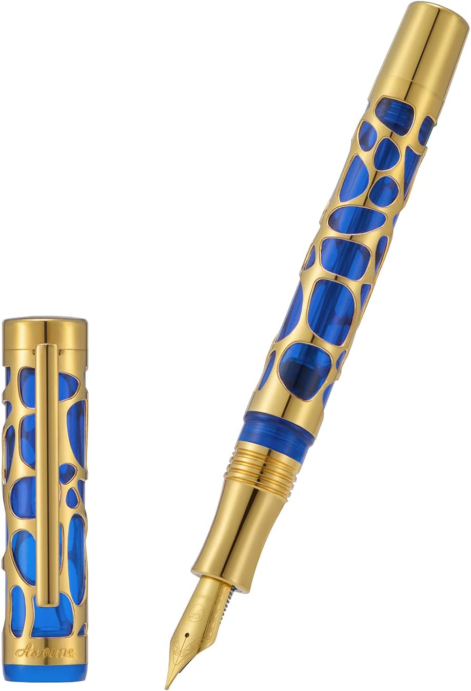 Asvine V169 Vacuum Filling Fountain Pen Extra Fine Nib, Water Drop Skeleton Gold Trim Transparent Blue Acrylic Pen Case Set