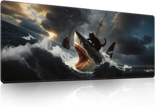 Funny Black Cat Mouse Pad, Abstract Quirky Cat and Shark Mousepad - Large Non-Slip Desk Mat for Office, PC & Laptop - 31.5"x11.8" x 3mm