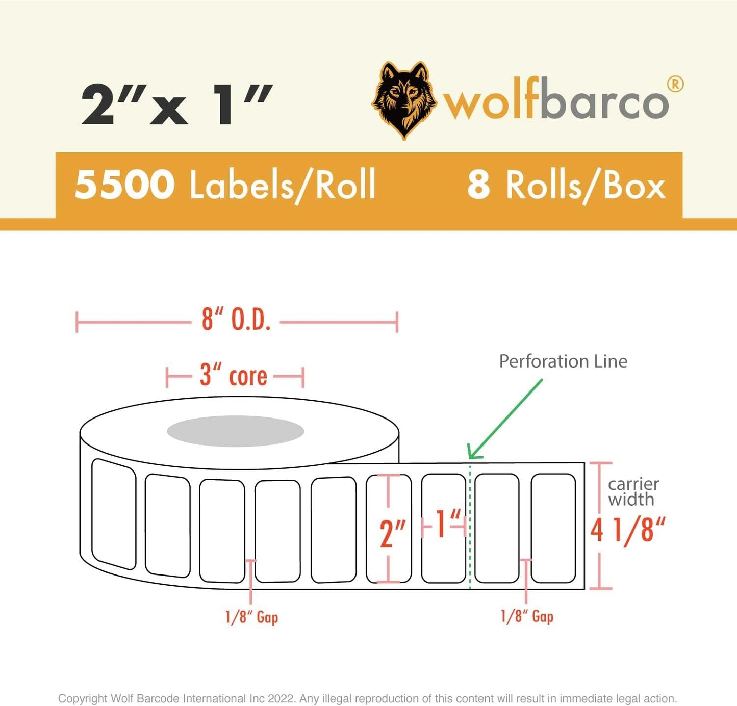 Direct Thermal (Heat Transfer) Paper Label/Industrial Grade 2"X 1" Yellow, with Perforation, 3" Core, 8" OD,5500 Labels/Roll (8 Rolls per Box), Compatible with Zebra, Godex and Datamax Printers