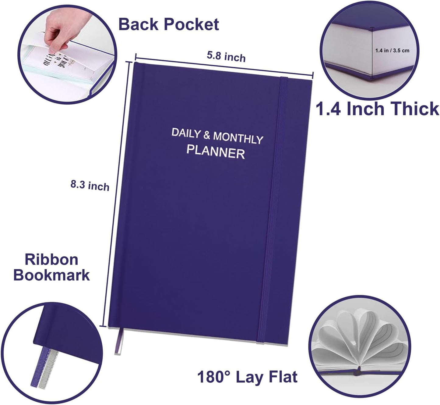 Daily & Monthly Planner for 2025 2026 or Anytime - ADHD Planner Two Pages Per Day, Daily Planner Undated to Increase Focus, Eliminate Overwhelm, Achieve Your Biggest Goals, 5.8'' × 8.3'', Purple