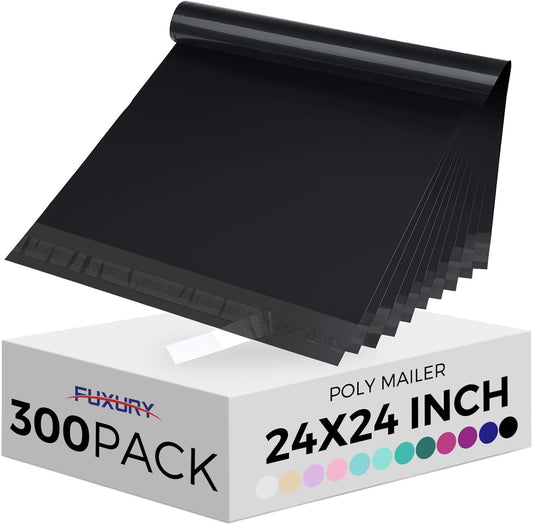 Fuxury Large Poly Mailers 24x24 Inch 300 Pcs, Bulk Shipping Bags for Clothing, Strong Adhesive Shipping Envelopes for Small Business Suppliers,Waterproof Mailers Poly Bags Mailing Envelopes Black