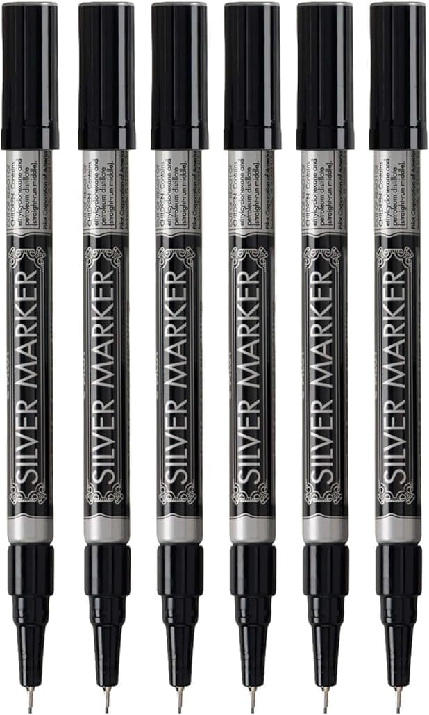 Metallic Permanent Paint Markers, Silver, Extra Fine Point (0.5mm), 6 Count, Bundle with Plastic Reusable Pouch