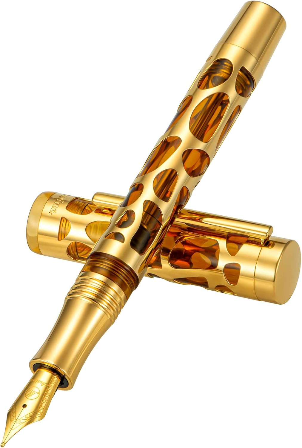 Asvine V169 Vacuum Filling Fountain Pen Medium Nib, Water Drop Skeleton Gold Trim Transparent Coffee Acrylic Pen Case Set