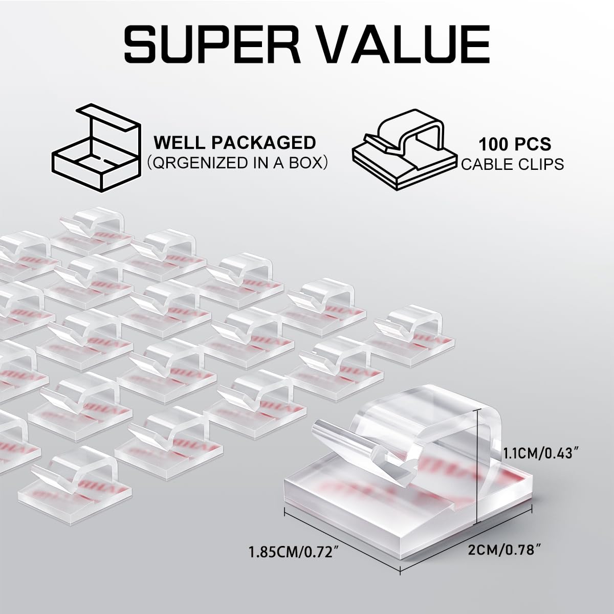 100PCS Cable Clips, Adhesive Wire Clips Strong Cord Clips Wire Holders, Cable Management Clips for Desk, Wall, Car, TV, Ethernet Cable (Clear, Medium)