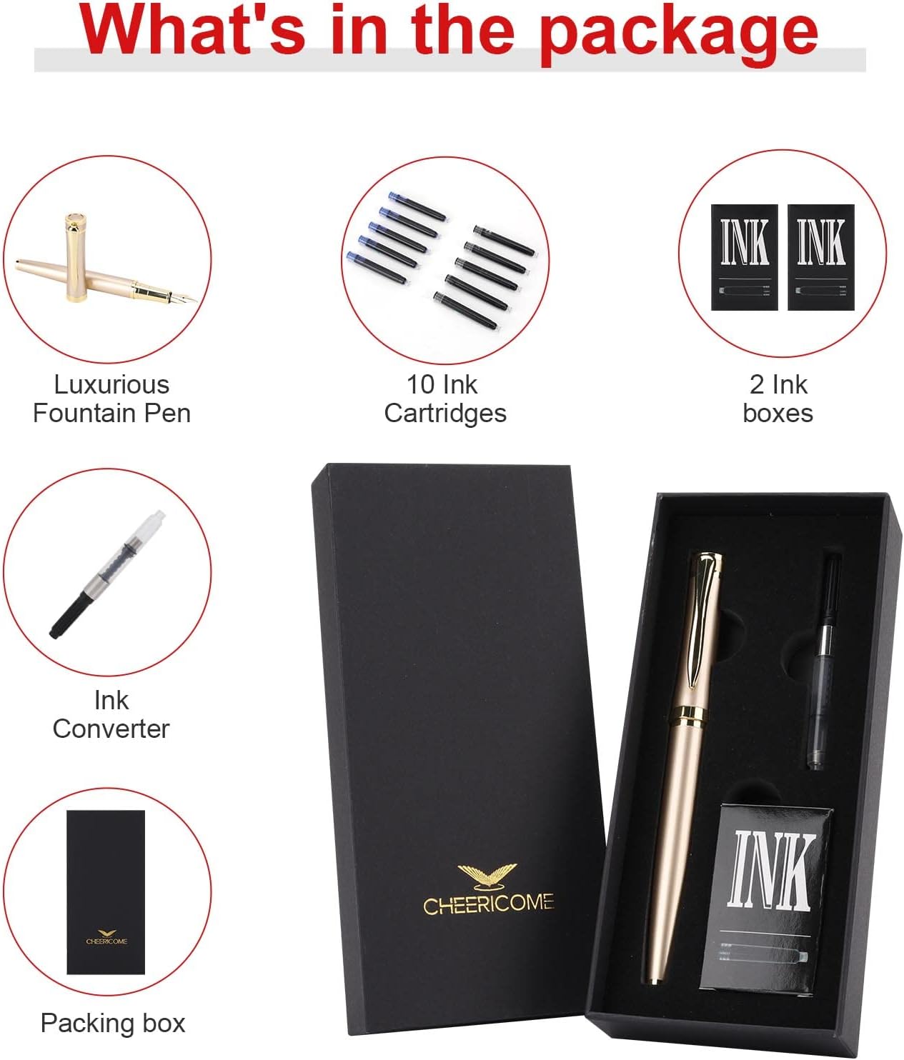 Cheericome Fountain Pen Set - Luxury Writing Instrument for Men & Women - Fine Nib With 10 Ink Cartridges and Refill Converter - Gold