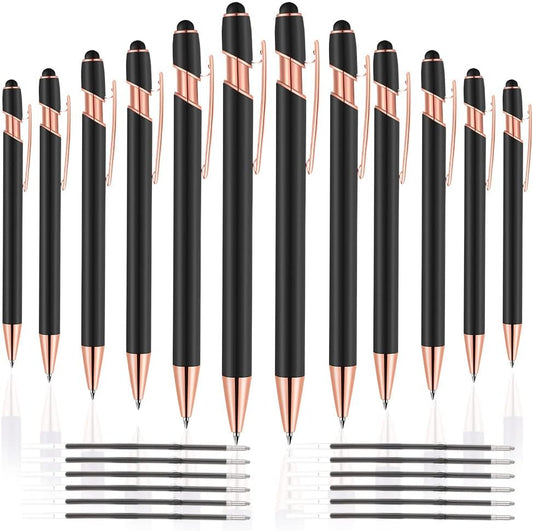 12 PCS 2 in 1 Stylus Ballpoint Pen with Stylus Tip, 1.0 mm Black Ink Metal Pen Stylus Pen for Touch Screens (Rose Gold & Black)