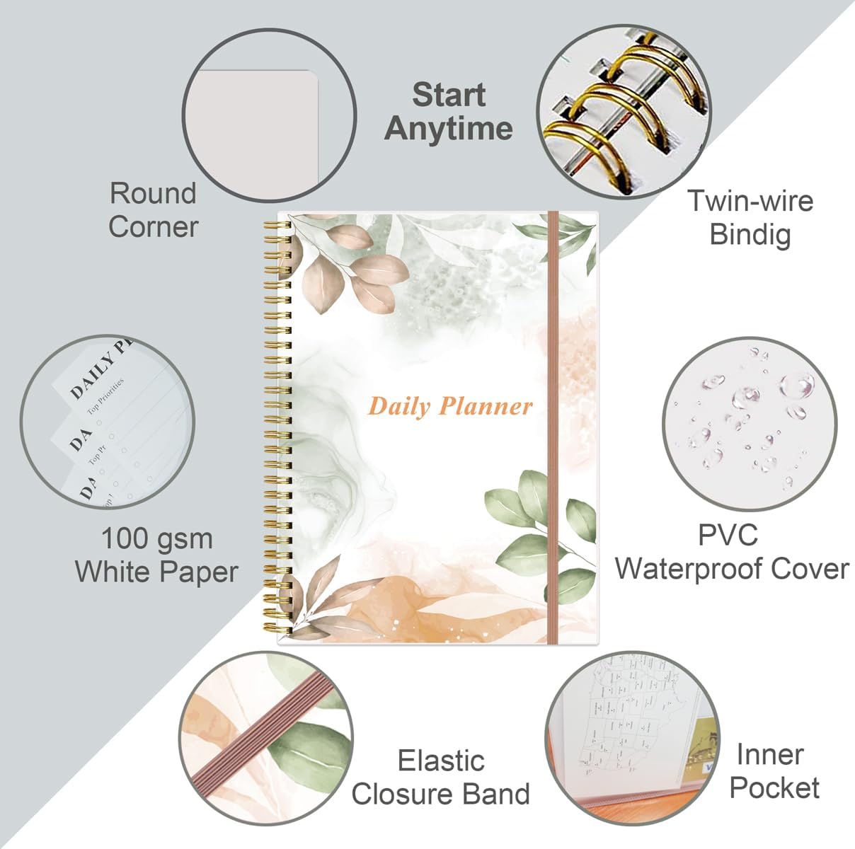 Daily Planner Undated - B5 To Do List Notebook Hourly Schedules, Spiral Appointment Planner for Women and Men, PVC Hardcover, Inner Pocket, Elastic Closure, 7" x 10", Rose Leaf