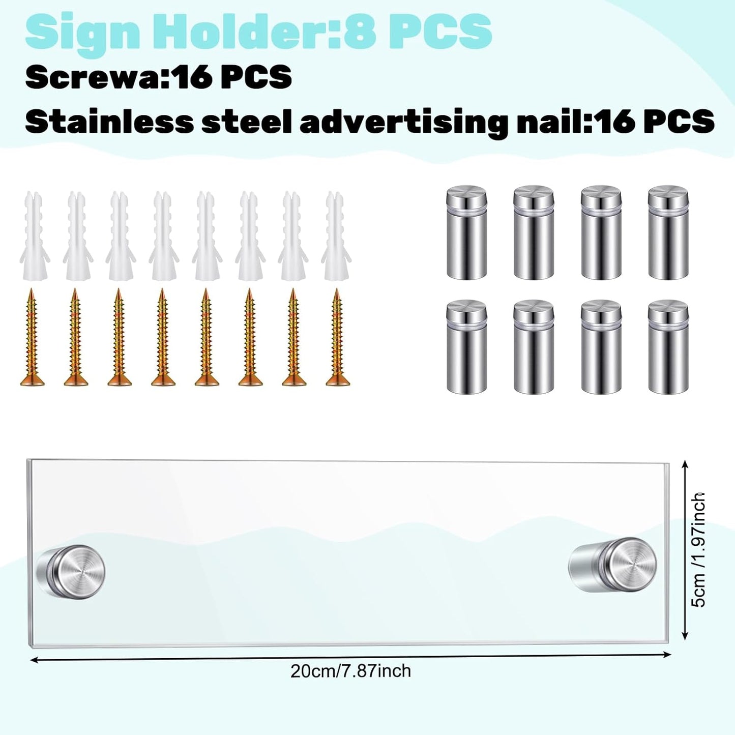 Demissle 8 Sets Clear Acrylic Wall Name Plate Holders Office Door Mount Name Plate Holder with Stainless Steel Standoff Screws for Office Home Store Restaurant (8 x 2 Inch)