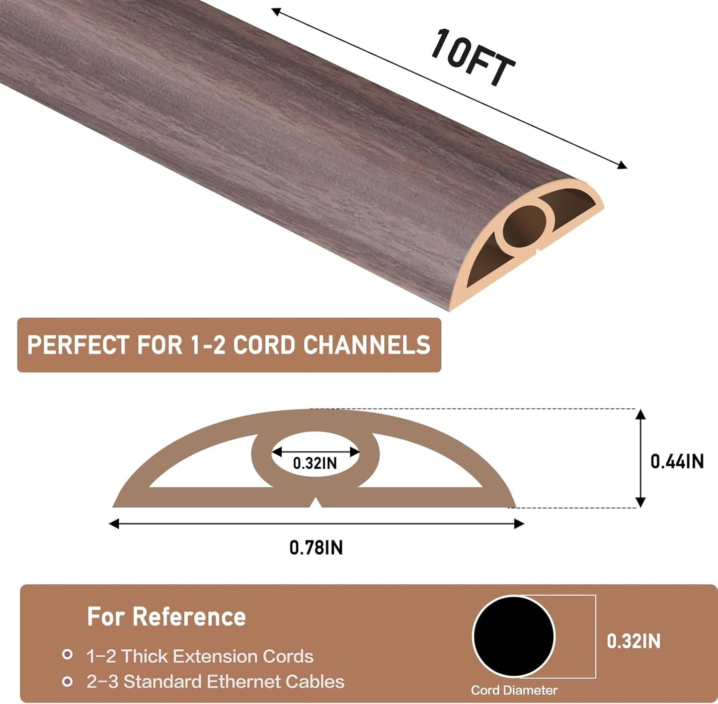 Floor Cord Cover Self Adhesive Cord Hider Floor Extension Cord Covers for Floor Power Cord Protector Cable Management Prevent Cable Trips Cable Cavity 0.32" W x 0.32" H (Brown Walnut Wood, 10Ft)
