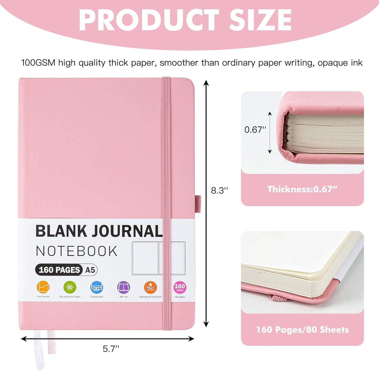 EOOUT Blank Journal Notebook for Women, A5 160 Pages Leather Hardcover Notebooks for Writing, Sketch, Drawing, 100gsm Paper, 5.7 X 8.3in (Pink)